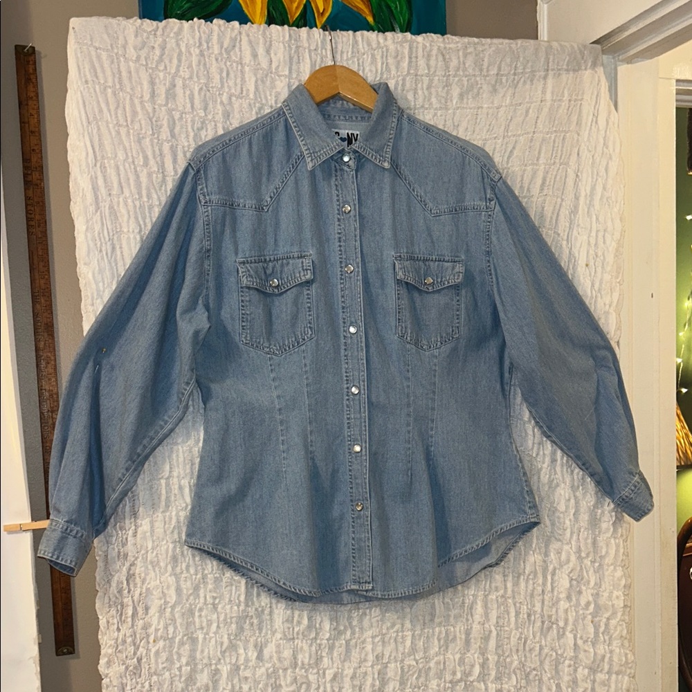 HG NY: Blue Denim Cotton Snap Front Shirt, Collared, Long Sleeves, Size: L